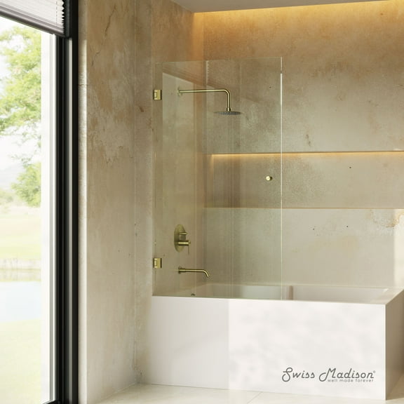 Voltaire 24 x 58 Frameless Pivot 3/8 in. (10mm) Ultra Clear Tempered Glass Tub Door with Gold Brushed Hardware