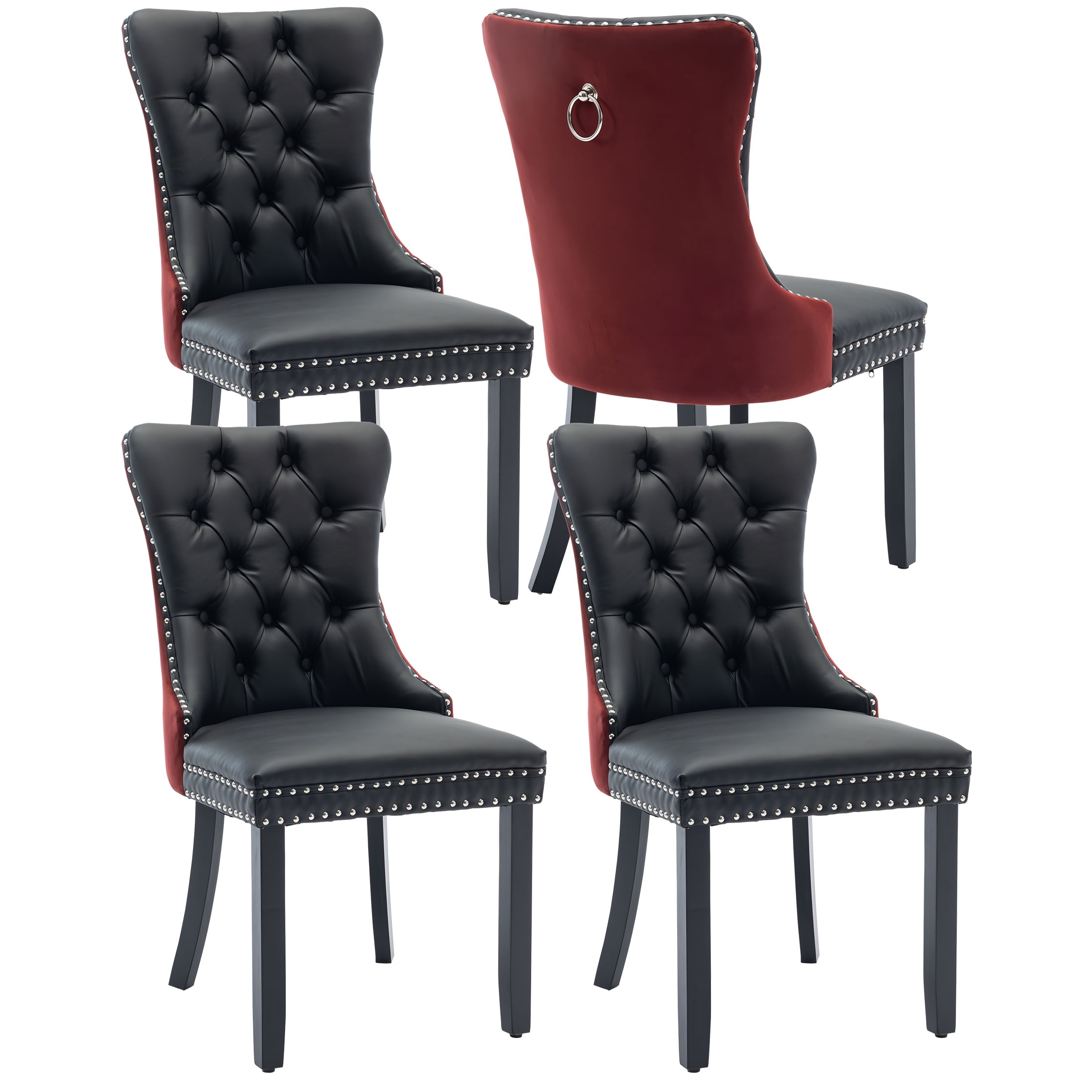 PORKISS Dining Chairs Set of 2, Modern Wood and PU Dining Room Chair with Back Ring and Nailhead Trim, Upholstered Tufted Velvet Chair with Wood Legs for Kitchen, Black/Wine Red