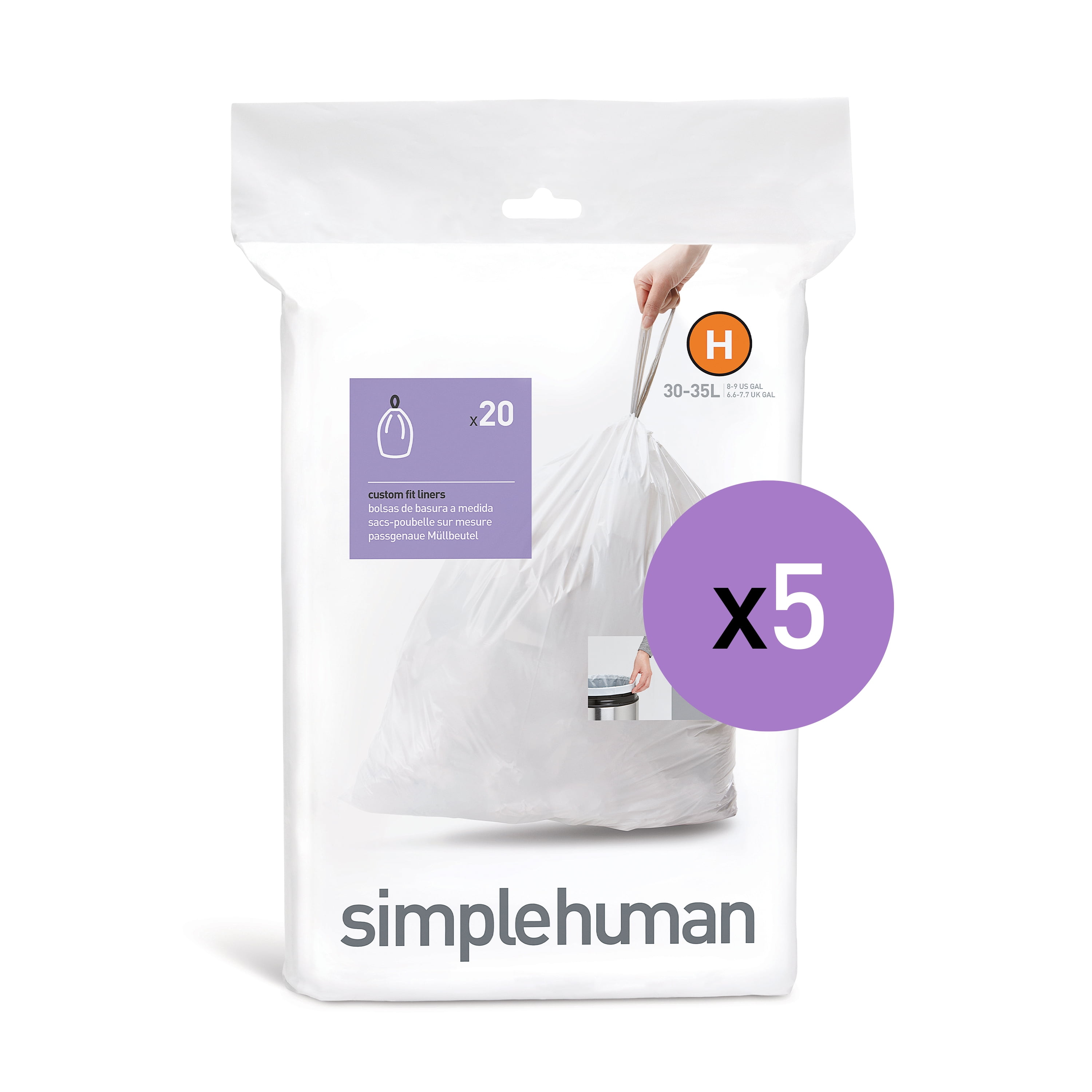 simplehuman Code H Custom Fit Drawstring Trash Bags, 3035 Liter / 89
