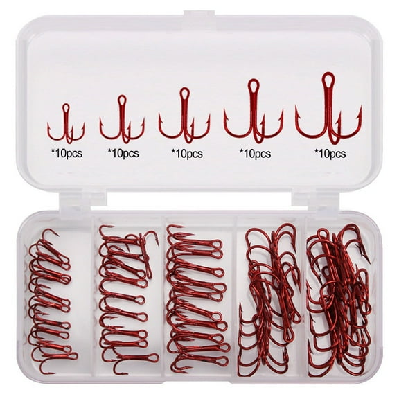 PASILI 50Pcs Carbon Steel Fishing Hooks Treble Fishing Hook Set Barbed For Sea Fishing