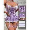 thumbnail image 4 of Ausing Lingerie Sets for Women Lace Corset Teddy with Thong Garter Belt See Through Babydoll Ruffle Strappy Rave Outfits 3 Piece Purple L, 4 of 5