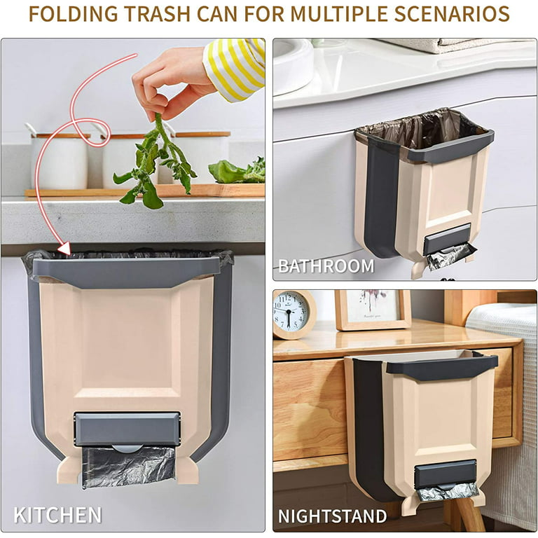 SheMarie Hanging Collapsible Trash Can - 9L Wall Mounted Foldable Waste Bin  for Kitchen Cabinet Door - Quickly Clean Counter, Sink, Bathroom - RV