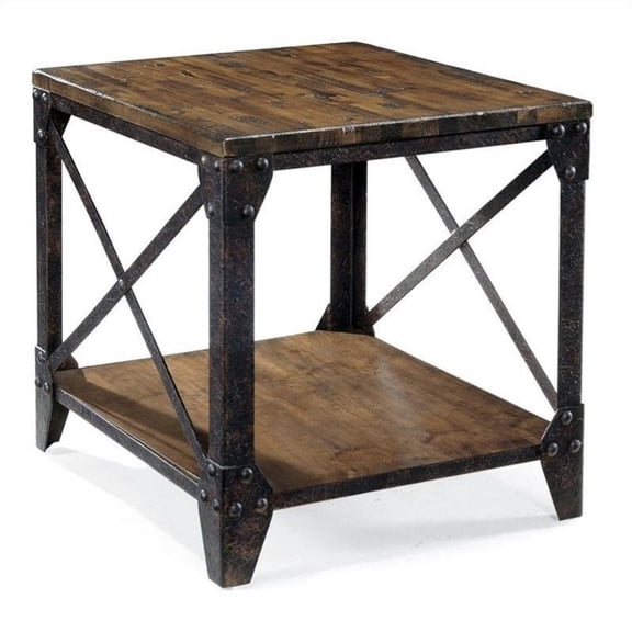 Magnussen Home Pinebrook Metal and Wood End Table in Distressed Pine