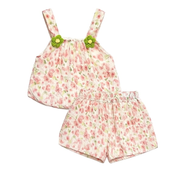 WRKEKC Girls Summer Outfits Floral Print Round Neck Sleeveless Cami Top and Blouson Shorts Set for 0-10 Years