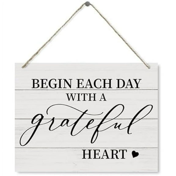Farmhouse Wood Sign Inspirational Wall Decor Begin Each Day With A Grateful Heart Sign Decorative Wood Plaque for Hanging Positive Home Decor Office Decor Rustic Wall Decor Art