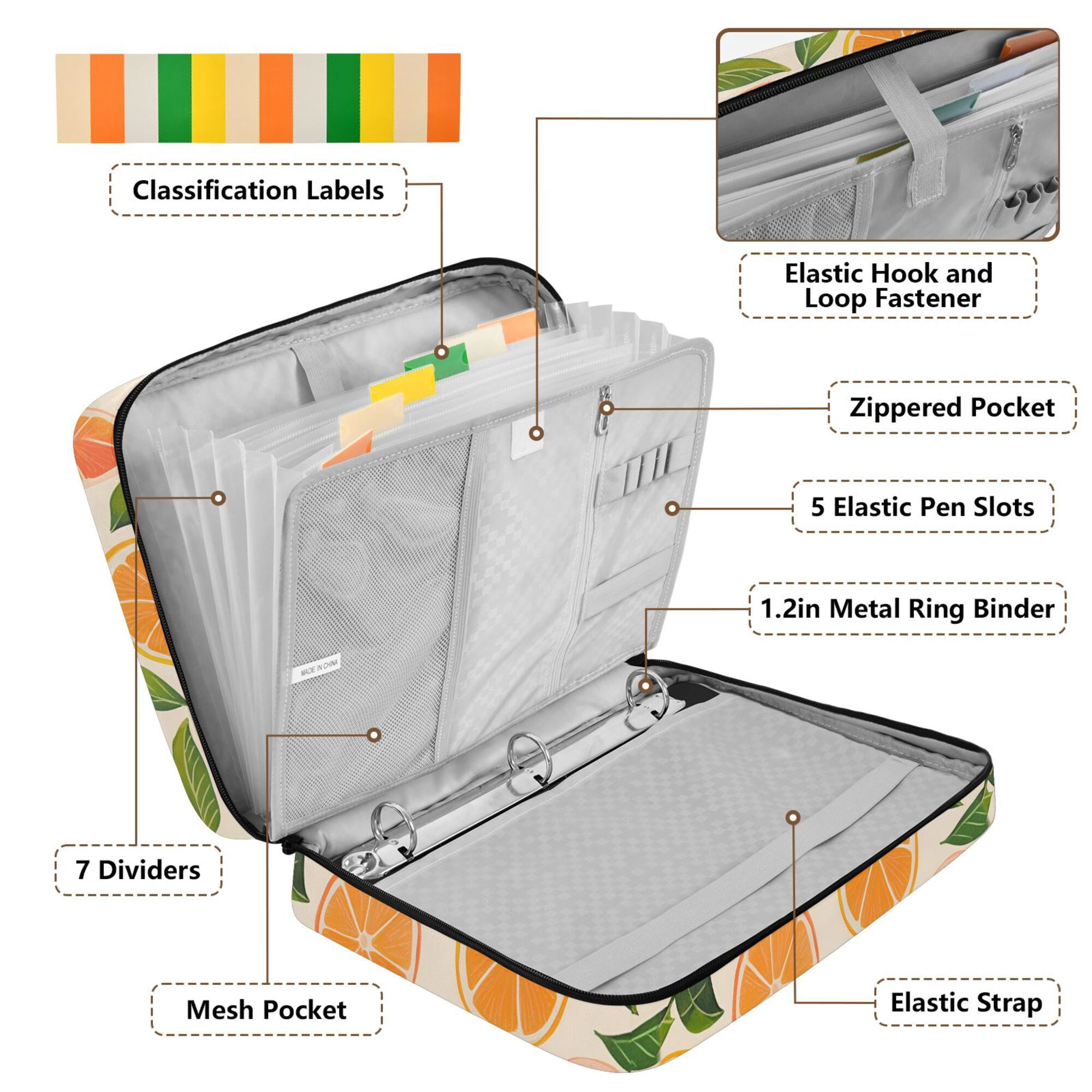 FORMRS Accordion File Folder A4 Size 7-Pocket Expanding Document Organizer Bag with 3 Ring Binder, Beige Citrus Leaves