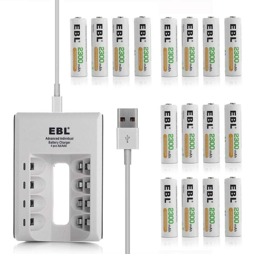 EBL AA Rechargeable Batteries 2300mAh (16 Packs) with Individual Smart Battery Charger for AA