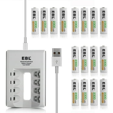EBL AA Rechargeable Batteries 2300mAh (16 Packs) with Individual Smart Battery Charger for AA AAA AAAA Ni-MH Ni-CD Rechargeable Batteries