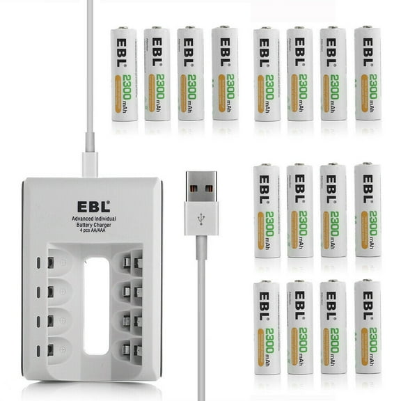 EBL AA Rechargeable Batteries 2300mAh (16 Packs) with Individual Smart Battery Charger for AA AAA AAAA Ni-MH Ni-CD Rechargeable Batteries