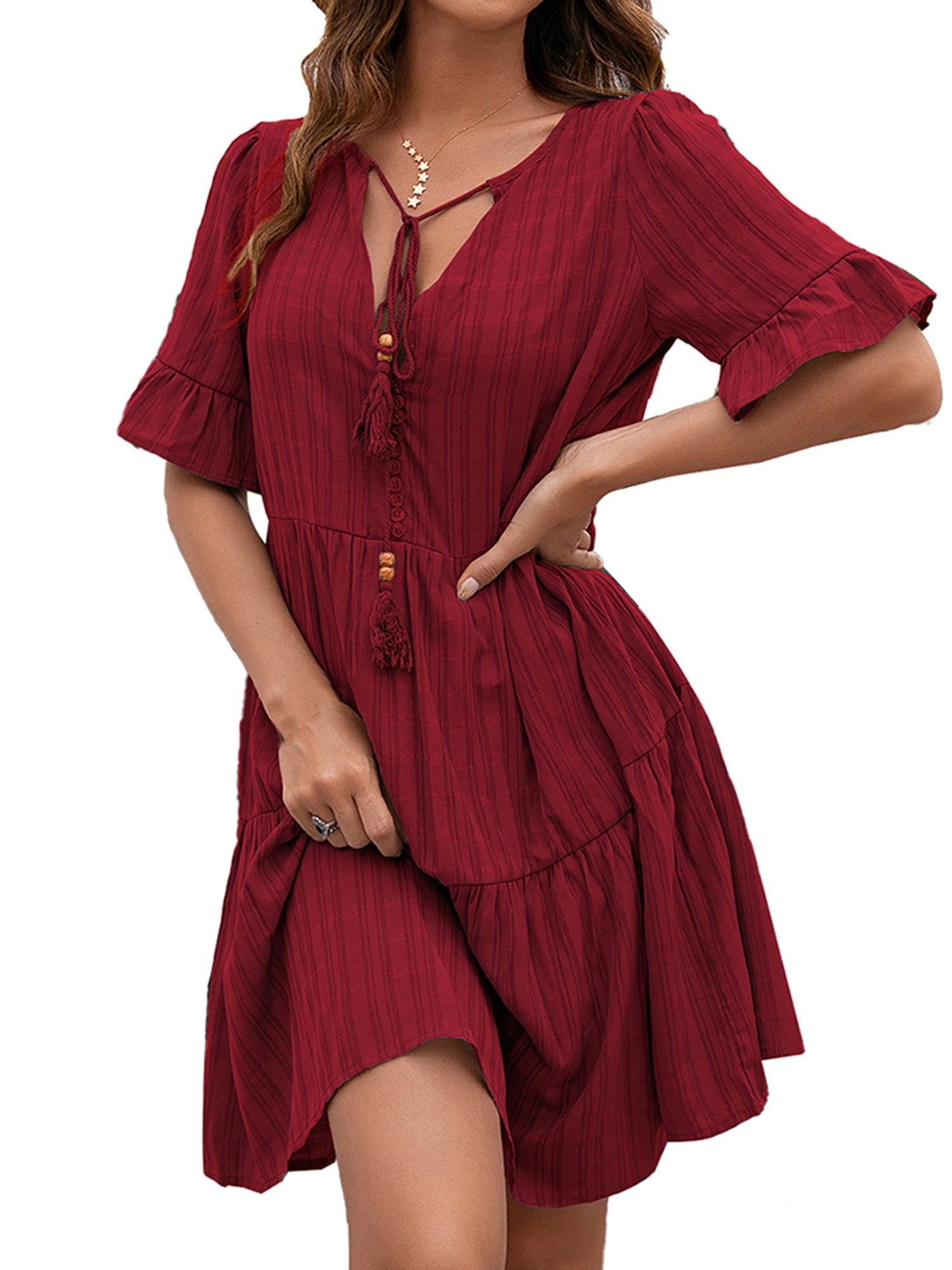 OMZIN Women's Summer Short Sleeve Loose Dress - V-Neck Casual Pocket Dress, Soft & Flowy - View #8