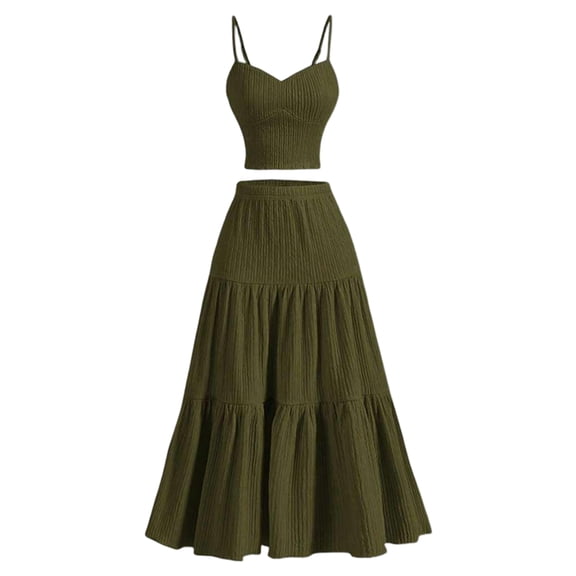 UDAUDU Women's Casual 2 Piece Outfit Adjustable Strap Crop Top And Flowy Tiered Skirt Set Army Green M