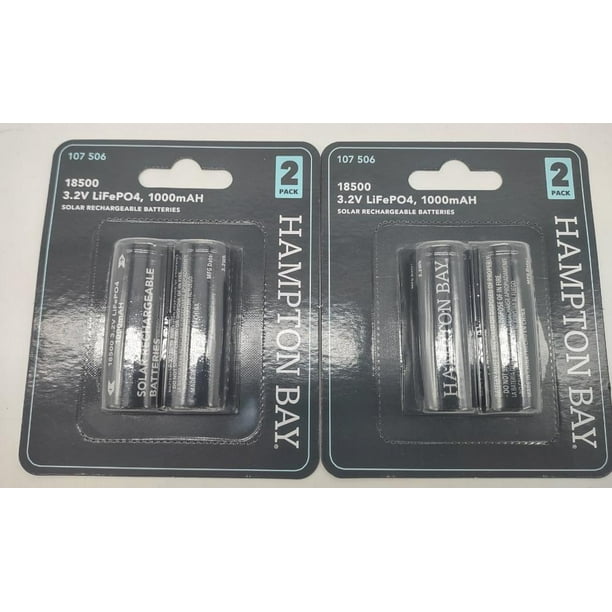 2 Pack Hampton Bay Lithium Phosphate 1000mAh Solar Rechargeable 18500 3.2V LiFePO4 Batteries