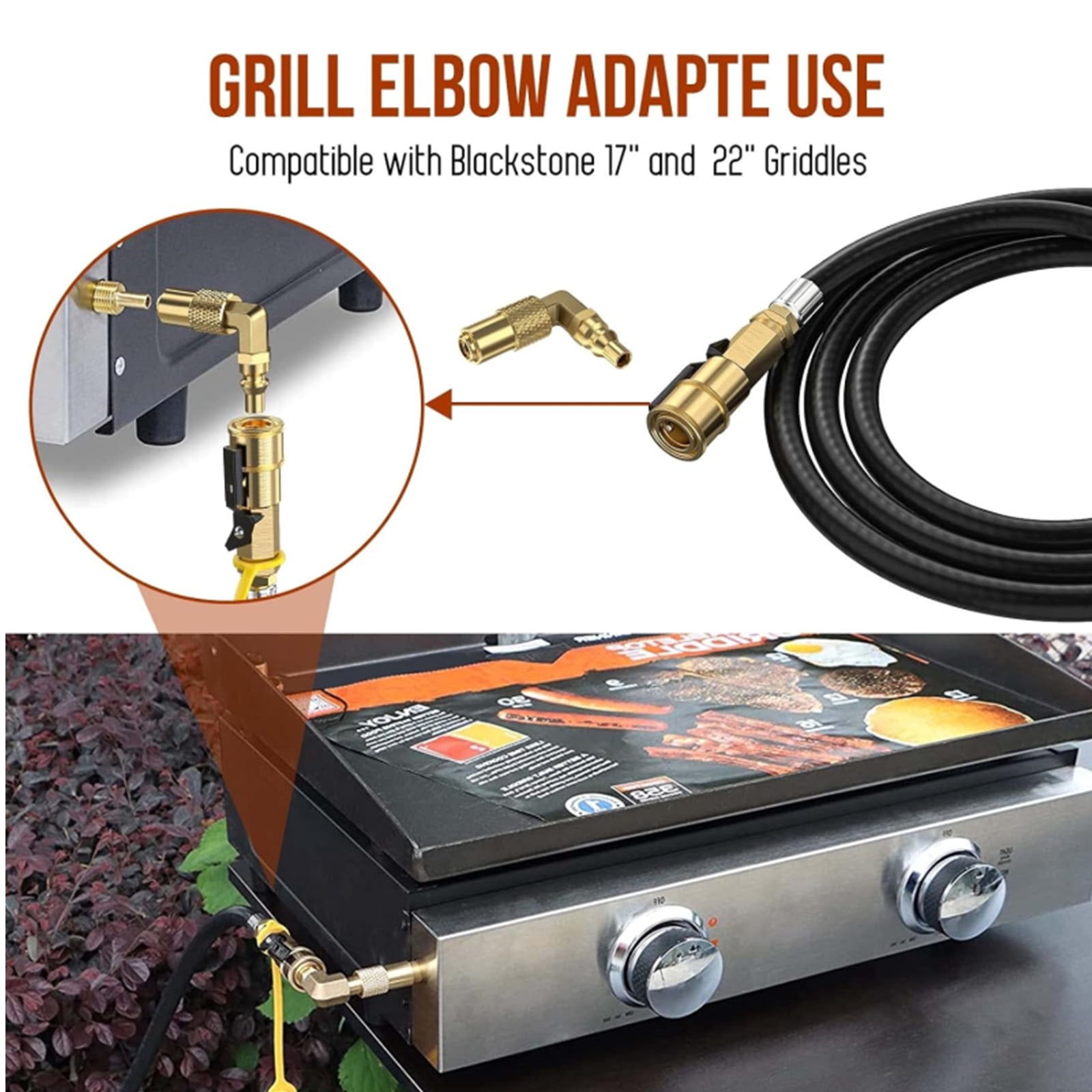 PatioGem 7 FT Quick Connect Propane Hose for RV to Grill, Propane Hose Adapter with 1/4" Shutoff Valve and 1/4" Male Full Flow Plug, LP RV Hose with Elbow Adapter for 17" and 22" Blackstone Griddles