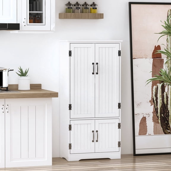 HOMCOM Kitchen Pantry Cabinet, Farmhouse 4-Door Storage Cupboard with Adjustable Shelves, Freestanding Organizer for Kitchen, Dining Room, Bathroom, 48.5" Height, White