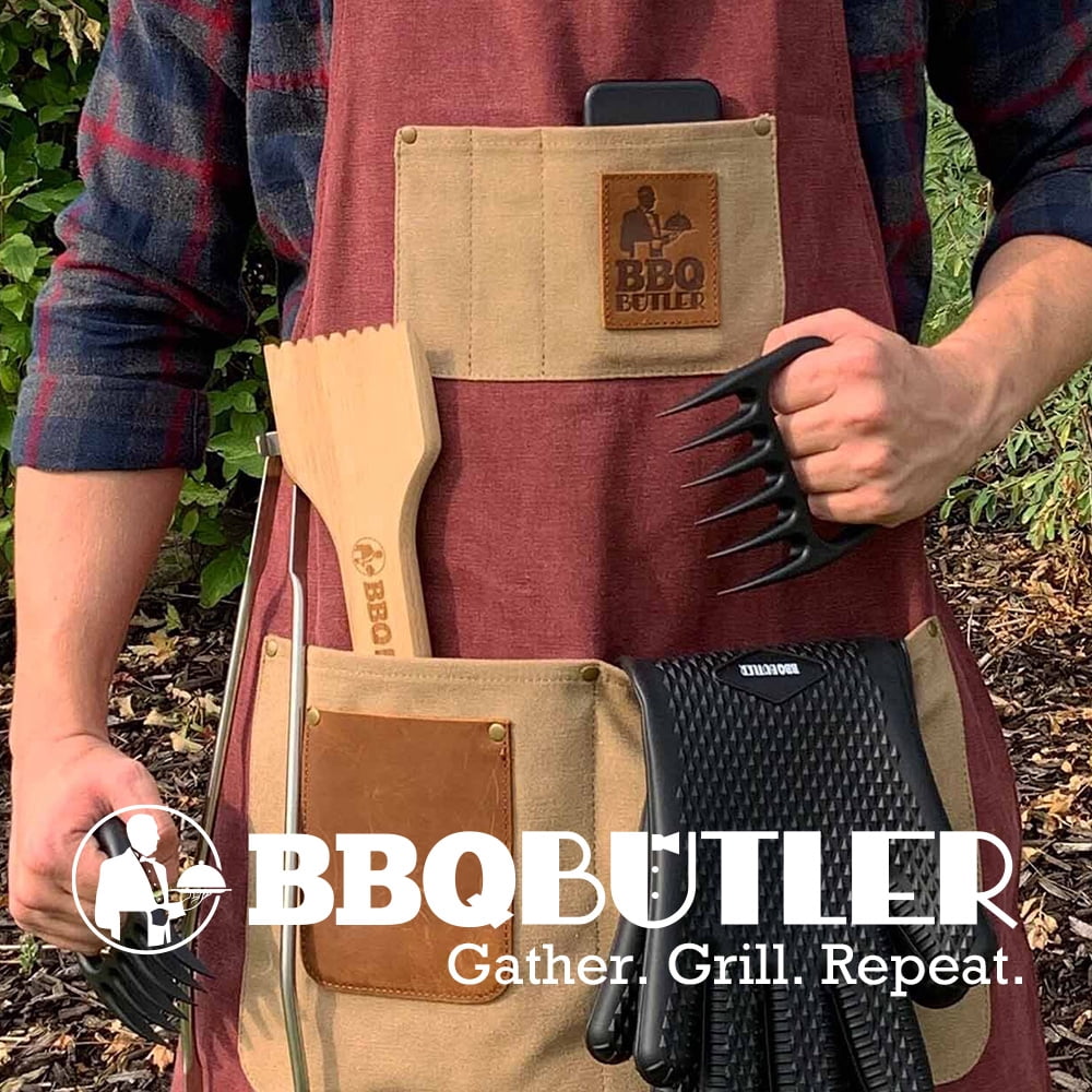 BBQ Butler Grilling Apron - Premium Grill Canvas Apron - Deluxe Leather
