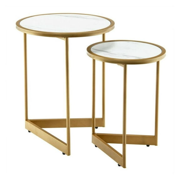 Nesting Table Set of 2, Marble Look Coffee Tables for Living Room - Modern Side Tables with Gold Frame, Space Saving Stackable Nightstands, White
