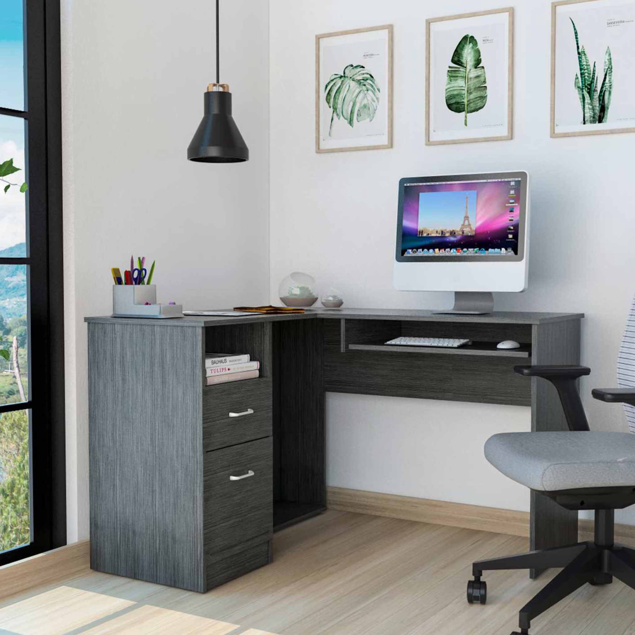 Mix L-Shaped Desk, Keyboard Tray, Two Drawers, Single Open Shelf Light Gray