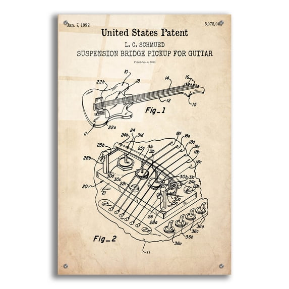 Epic Art 'Suspension Bridge Pickup for Guitar Blueprint Patent Parchment,' Acrylic Glass Wall Art, 24"x36"