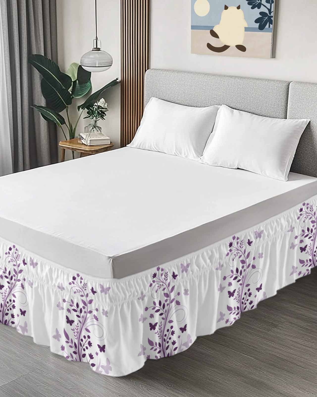 Purple WildFlower Bed Skirt King Size 16 Inch Drop, Spring Country Purple Floral Plant Butterfly Adjustable Elastic Dust Ruffles Bedskirt for King Bed Wrap Around Pleated Mattress Frame Cover