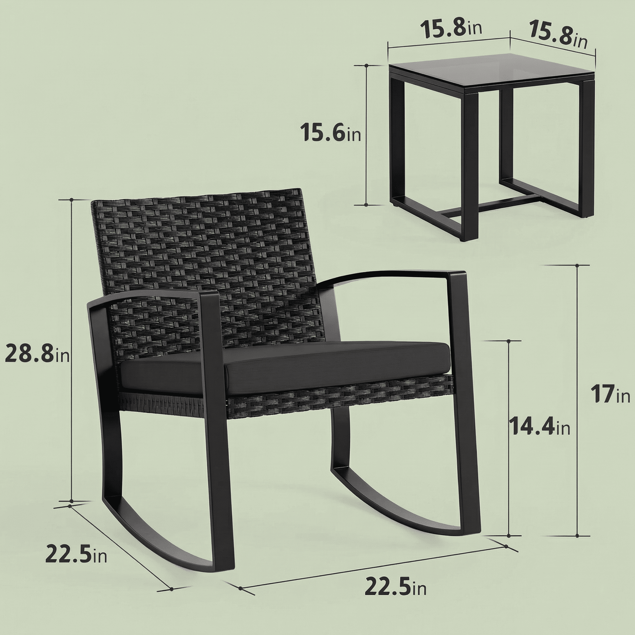 Aiho 3-Piece Rattan Rocking Set–Outdoor Patio Conversation Furniture with Coffee Table for Balcony, Garden, Backyard, or Poolside (Black)