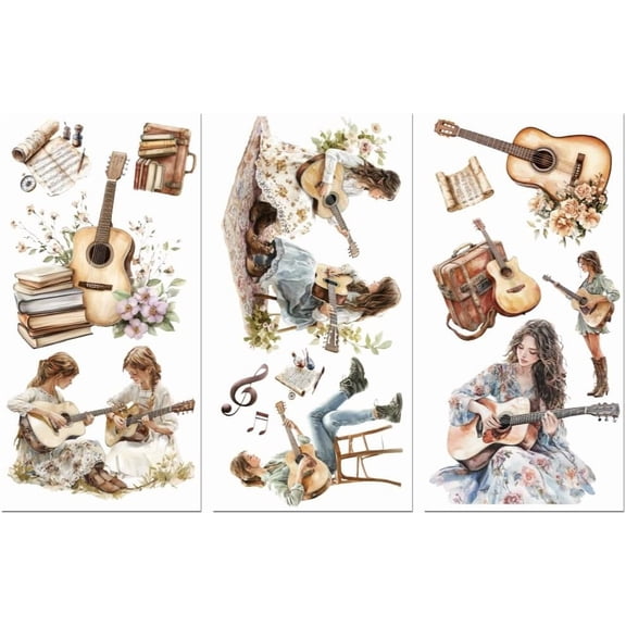 Rub on Transfer Decals for Furniture Crafts Decor 6"x12" Girl with Guitar 3Pcs Waterproof UV DTF Transfer Sticker for Lingerie Chests Drawer Dresser Glass Porcelain Wood Plastic