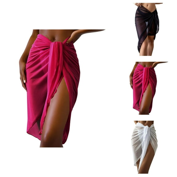 Swim Cover Up Plus Size Cover Up Women Swimwear Cover-Up Sheer Wrap Knot Waist Skirt for Beach Bikini Shiny Swimwear Accessory Fashionable and Comfortable