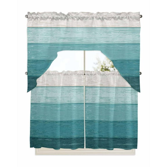 Teal Ombre Kitchen Curtains Swag Valance and Tier Curtains Set 36 Inch Length, Farmhouse Vintage Wooden Striped Rod Pocket Drape Panels Pair Swag Curtains for Bathroom/Cafe/Window