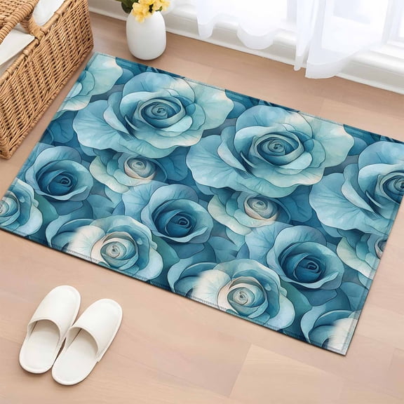2x3 Ft Entryway Area Rug, Spring Rose Kitchen Rug Runner Washable Floor Mat, Farmhouse Pastel Blue Flower Floral Modern Non Slip Indoor Door Mat Throw Carpet for Bathroom Living Room Bedroom