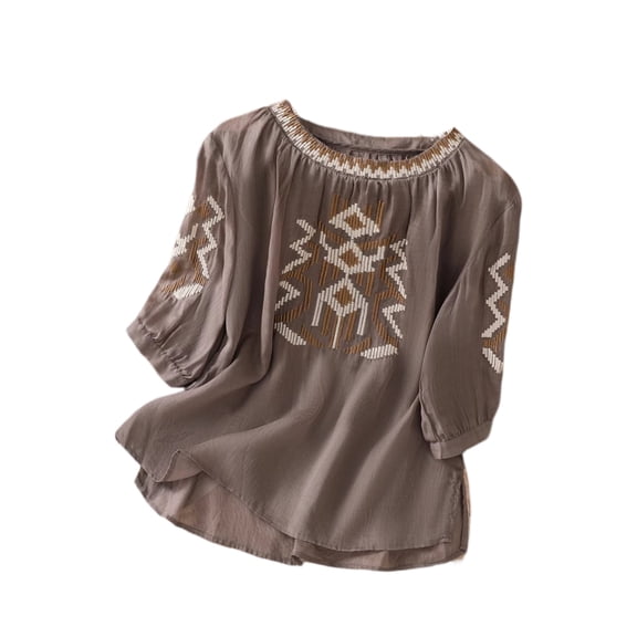 Embroidered Tops for Women 3/4 Sleeve Peasant Boho Blouse Crewneck Cotton Linen Shirts Casual Bohemian Loose Tunics Gray 2XL