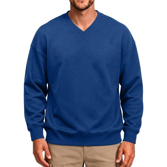 Mens Solid Color Sweatshirts Casual Long Sleeve Loose Fit V Neck Drop Shoulder Top Soft Fall Winter Pullover Shirts Blue M