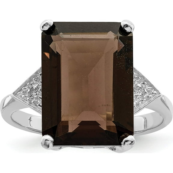 Sterling Silver Rhodium Smoky Quartz & Diamond Ring (Size 6) Made In India qr2782-6