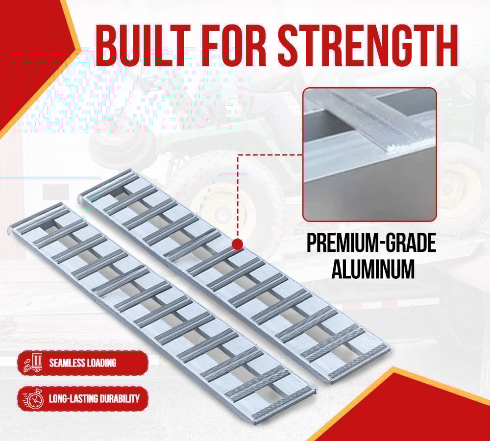 thumbnail image 5 of 120"x15"x3" Aluminum Trailer Loading Ramps with Knife Foot & Hook Ends (Pair) - 10000 lbs Capacity per Axle - Heavy Duty Truck Beds & Tailgate Loading Ramps for Car, ATV - Made in USA, 5 of 21