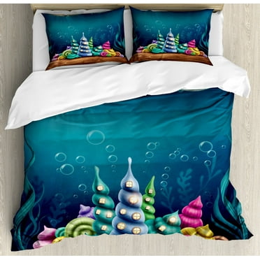 Sea Duvet Cover Set Queen Size, Fantastic Underwater Aquatic Shell Houses with Seacones Turritella Communis, Decorative 3 Piece Bedding Set with 2 Pillow Shams, Petrol Blue and Camel, by Ambesonne