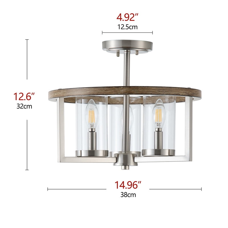 Aiwen Farmhouse Semi Flush Mount Ceiling Light, 3-Light Nickle Ceiling Fixture with Clear Glass Shades for Dining Room, Living Room & Restaurant
