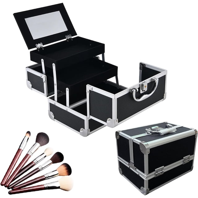 Neceser Maquillaje, 3 Nivele con Espejo Estuche de Maquillaje, Maletin para Maquillaje Multifunción, Caja de Maquillaje Profesional, Cosmetiquera para Maquillaje de Viaje Guarda (Negro)