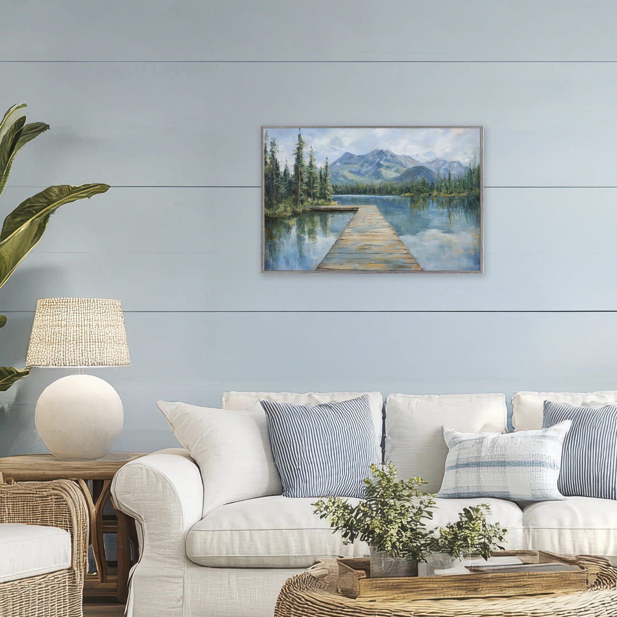 Stupell Industries Peaceful Lake Dock in the Mountains Gray Framed Giclee Art, design by Petal Prints Design