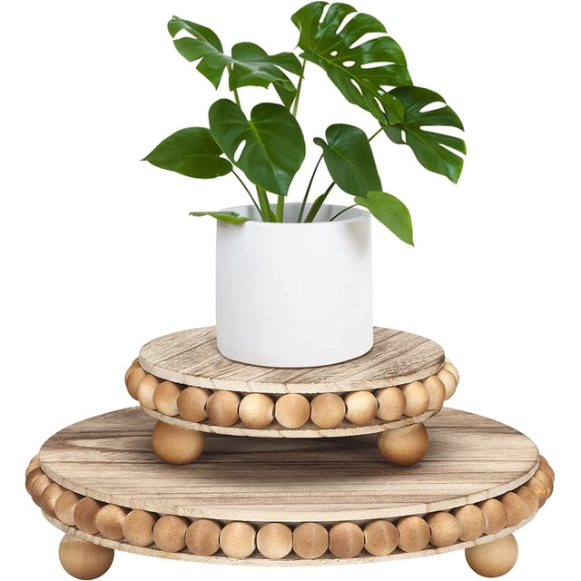 Yookeer 2 Pcs Wooden Risers for Displays Round Wood Riser Distressed Wood Risers Farmhouse Pedestal Display Stand Rustic Pedestal Stand Beaded Decor for Tiered Trays Home(6/ 9.5 Inch,Brown)