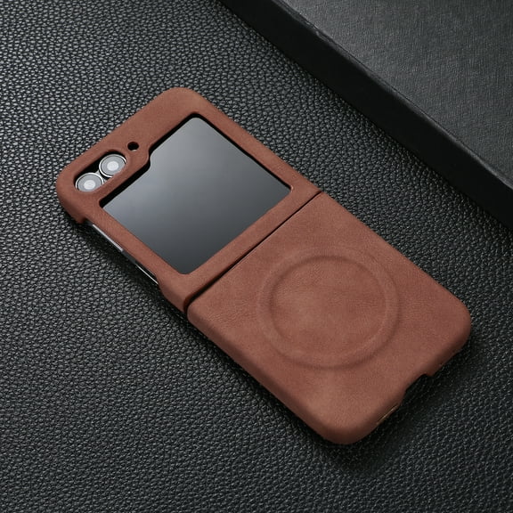 Allytechgroup Magnetic Case for Samsung Galaxy Z Flip 7, Premium PU Leather Rugged Shockproof Anti-Scratch Bumper Drop Protection Lightweight Phone Cover for Samsung Galaxy Z Flip 7, Brown