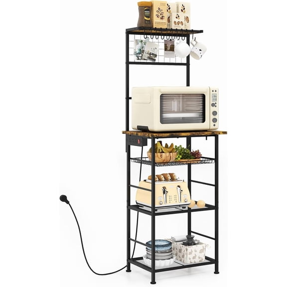 Kitchen Bakers Rack with Power Outlet, 5-Tier Coffee Bar Station, Microwave Stand with 10 S-Shaped Hooks, Kitchen Storage Shelves Rack for Spices, Pots, Black