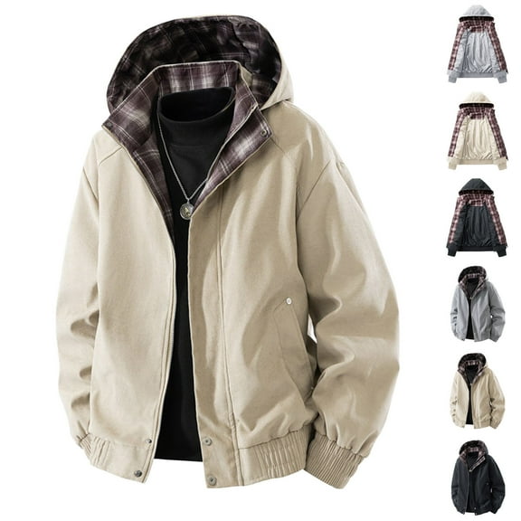 Bixock Men Outdoor Jackets,Men Waterproof Big Tall Jackets,Outwear Jackets for Men Plaid Print Long Sleeve Hooded Zip Up Detachable Hood Workwear Jacket