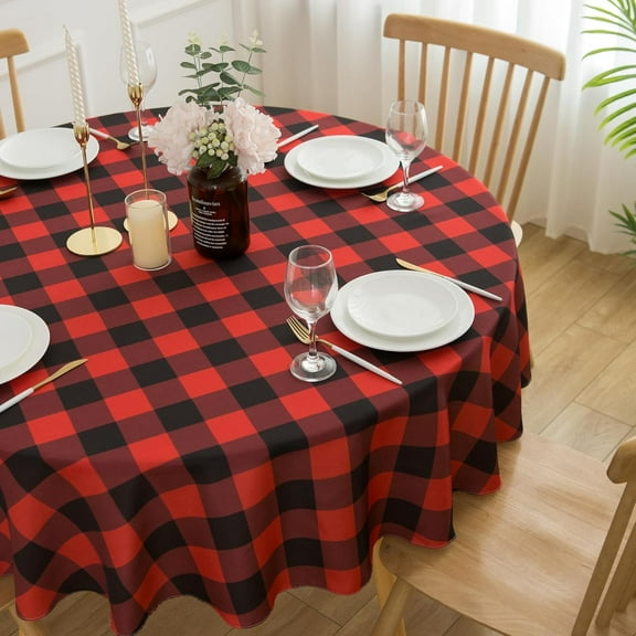 Red and Black Buffalo Plaid Christmas Round 70" Check Gingham Tablecloth - Polyester Table Cover Reusable Water Resistant for Thanksgiving Holiday Decorations