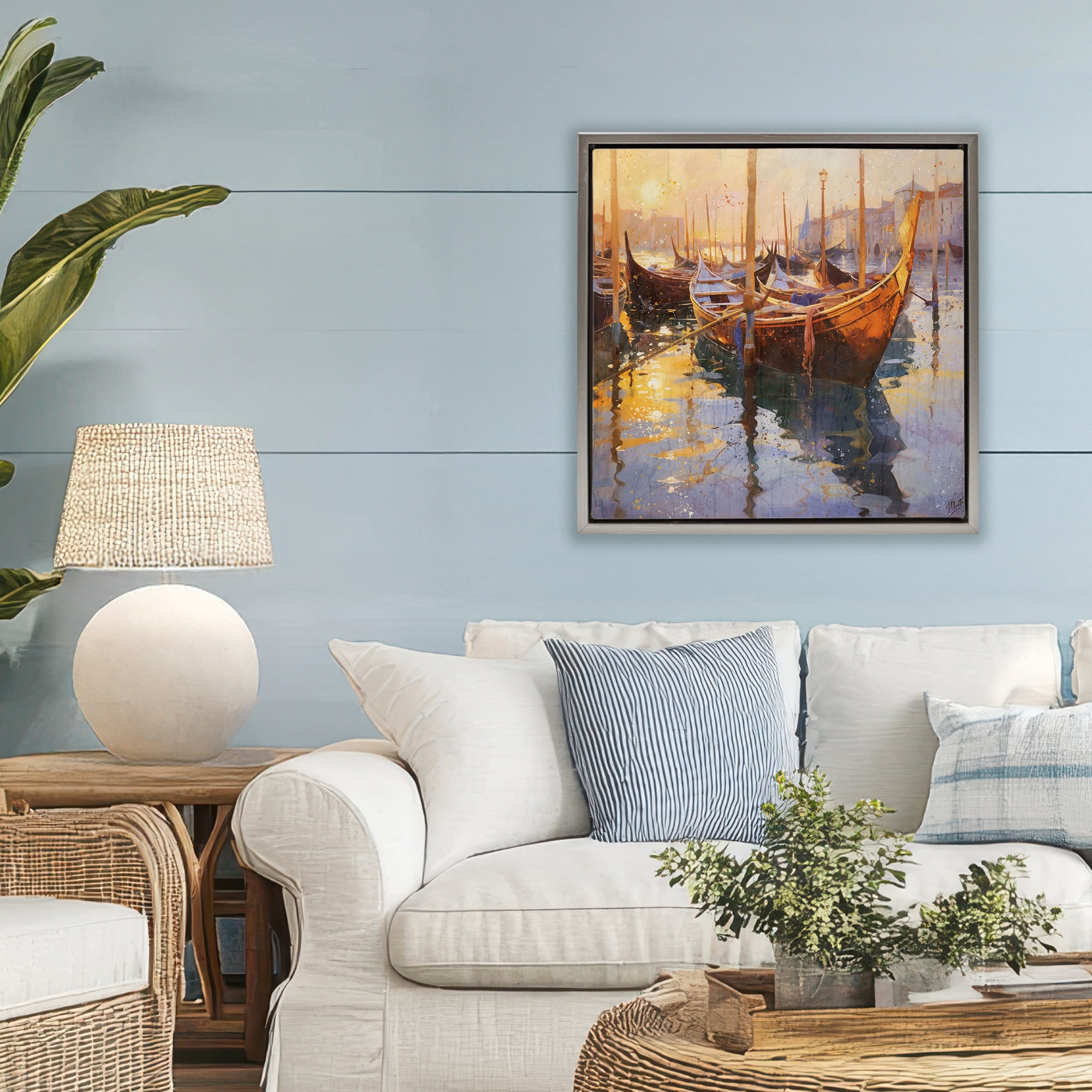 Stupell Industries Venetian Gondolas in Golden Light Gray Framed Floater Canvas Wall Art, design by Marta Wiley