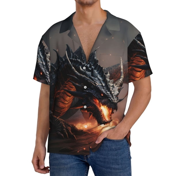 Fotbe Fiery Black Dragon Attack Camisa Estampada de Manga Corta para Hombre, Casual de Verano, Estilo Playero, Sin Arrugas-XX-Large