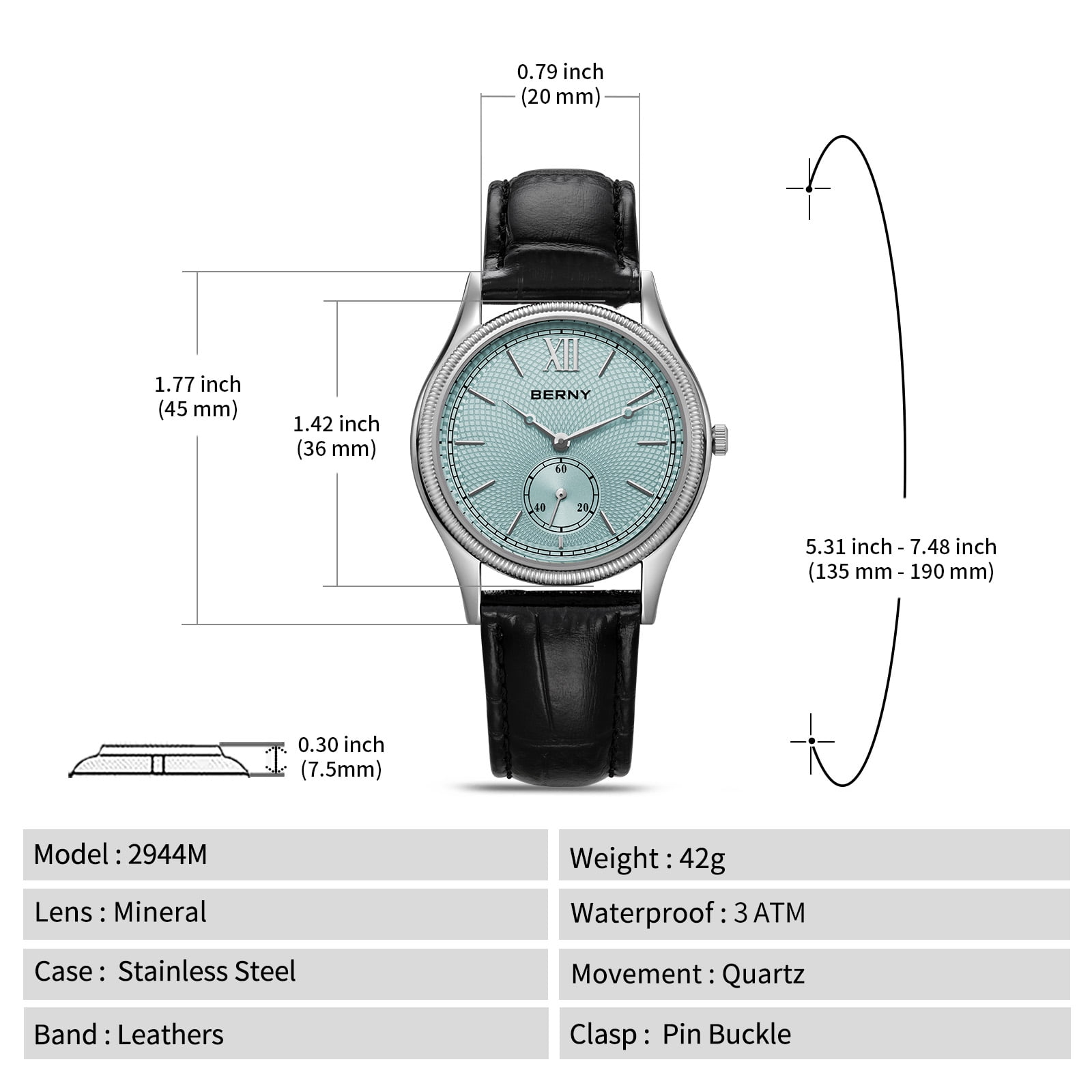 BERNY Silver Watch for Men, Ultra-Thin Minimalist Leather Watch, Stainless Steel Case, Waterproof Analog Quartz Watch, Business Dress Watches with Small Seconds (Light Blue)