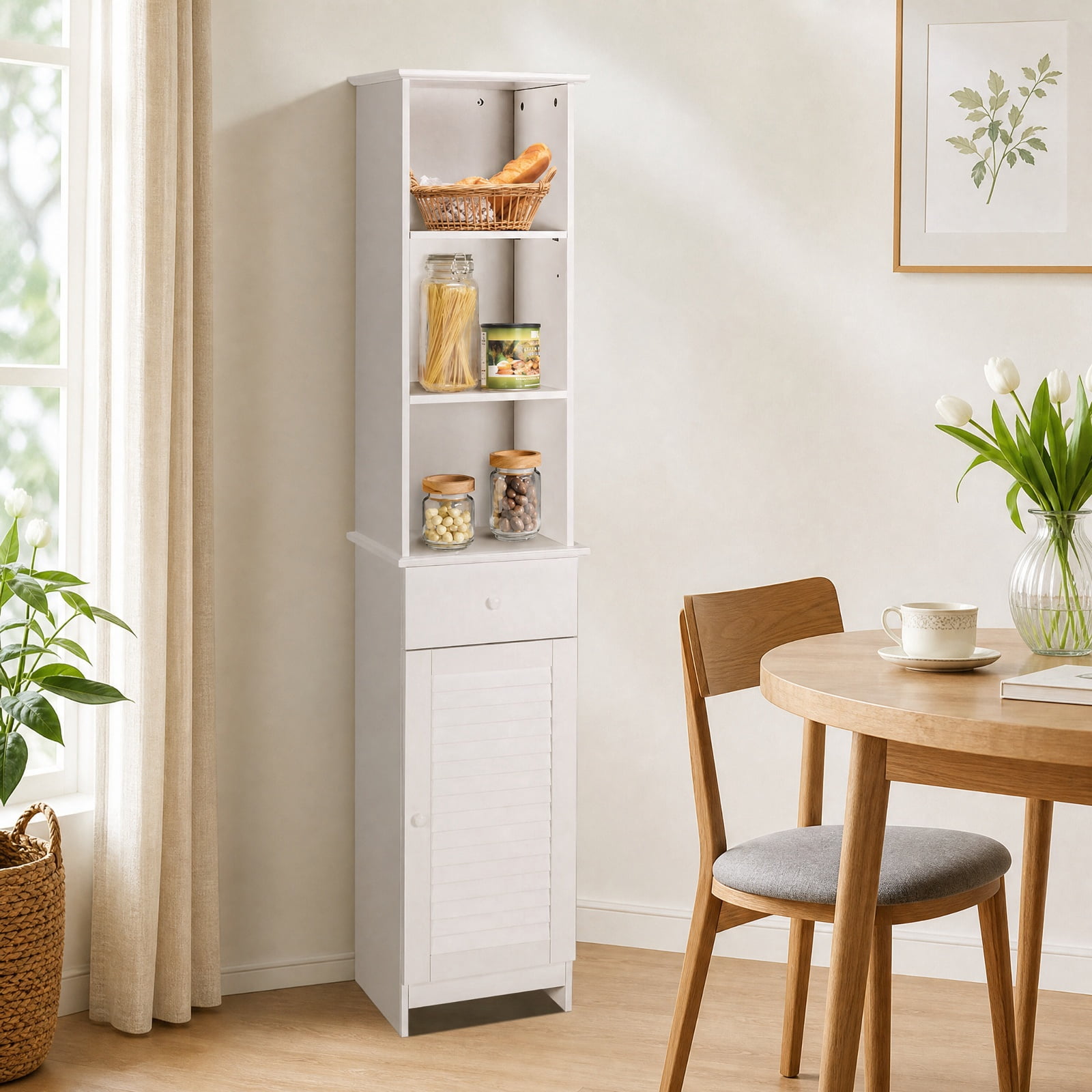Vebreda Tall Freestanding Bathroom Storage Cabinet with Drawer, Door & 3 Open Shelves, Narrow Linen Tower Organizer with Adjustable Shelving for Bathroom, White