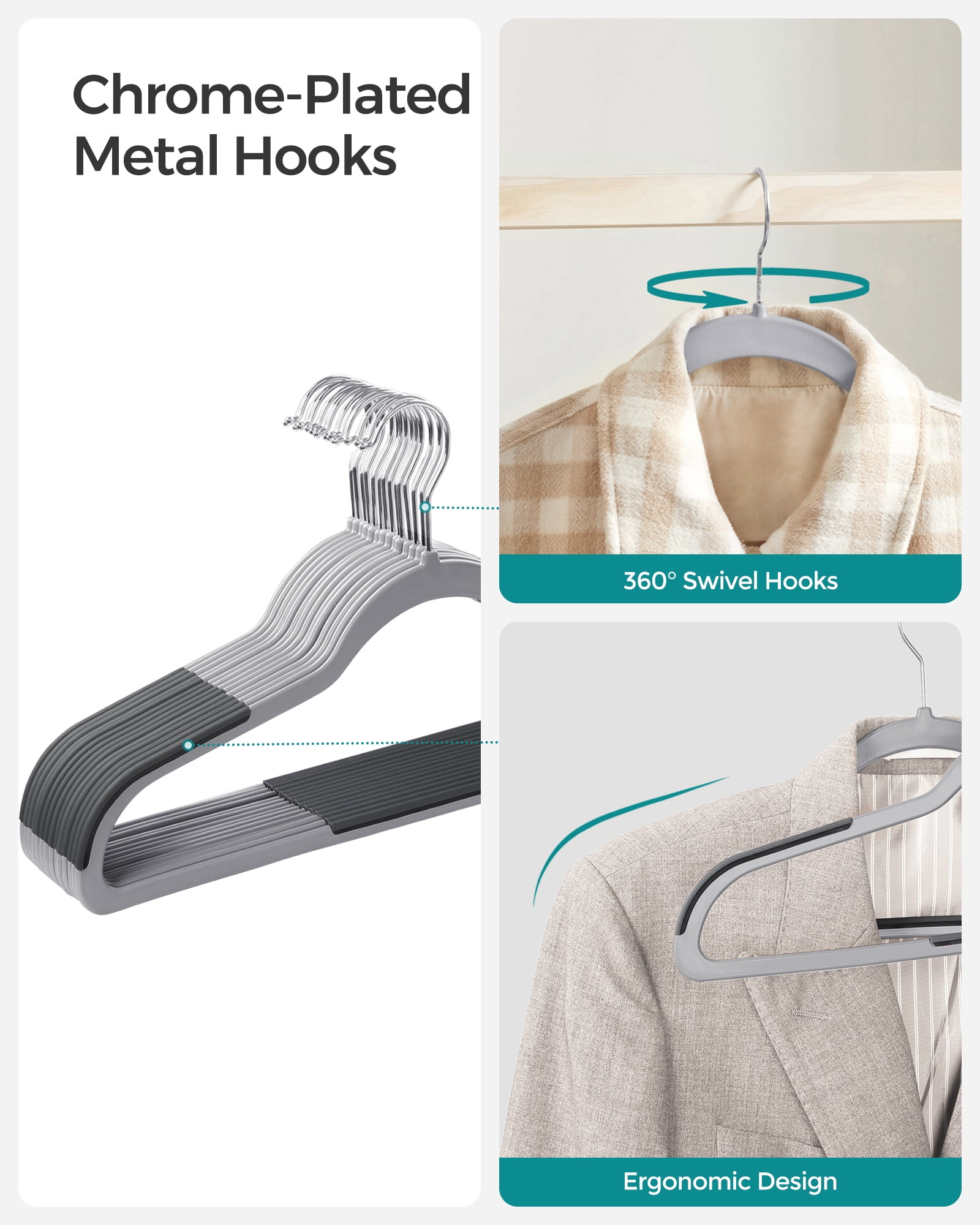 60-Pack Space Saving Plastic Hangers with 360° Swivel Metal Hooks, Heavy Duty Non-Slip Closet Organizers, Light Gray and Dark Gray
