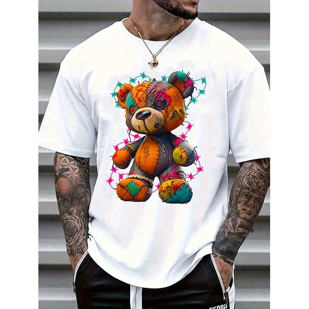 Camiseta informal de moda para hombre, con estampado de osito de peluche, de algodón de punto, corte regular, cuello redondo, tejido elástico, para todas las estaciones, unisex para adultos, ideal par