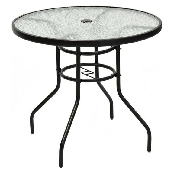 HYYOP 32" Outdoor Patio Table Round Steel Frame Tempered Glass Top Commercial Party Event Furniture Conversation Coffee Table for Backyard Lawn Balcony Pool with Umbrella Hole