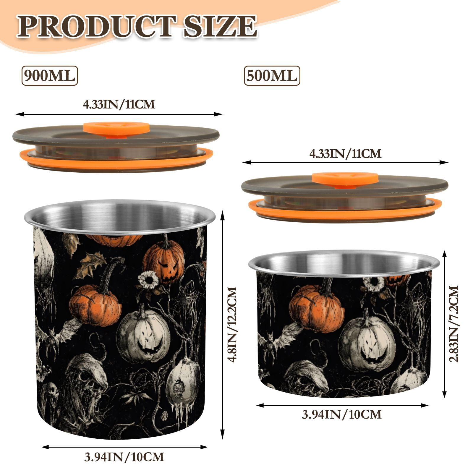 Halloween Pumpkin Skull Scary Airtight Coffee Bean Canister 30oz Food Storage Containers with Lids For Gournd, Tea, Sugar, Flour, Rice, Cereal, Candy Cookie Jar