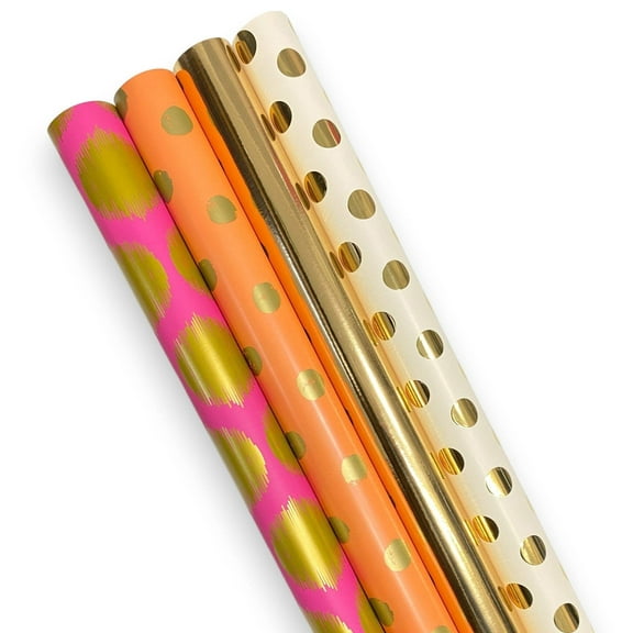 LaRibbons 30" x 10' Wrapping Paper Bundle (4-Pack), Metallic Gold Dot